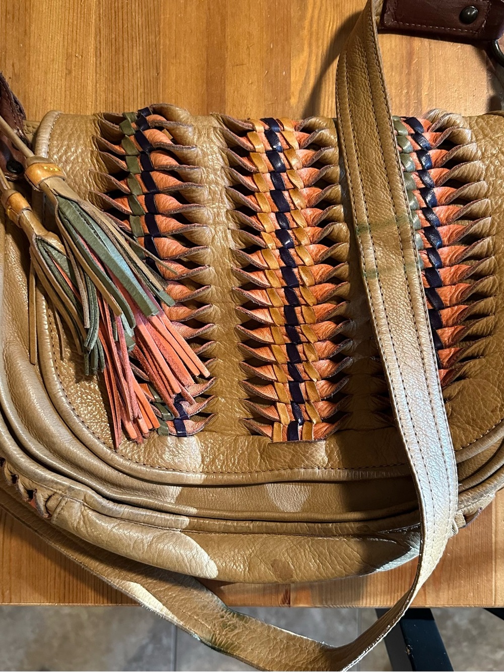 Frye Tan Leather Shoulder Bag with Multicolor Braided Tassel